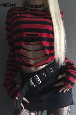 Y2K Gothic Striped Hollow Out Crop Top Streetwear