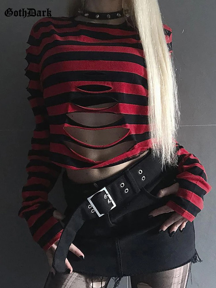 Y2K Gothic Striped Hollow Out Crop Top Streetwear