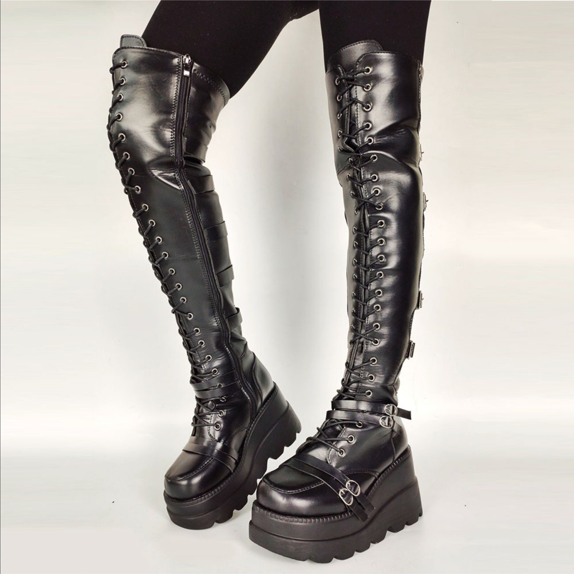 Y2K Gothic Thigh High Boots - PU Leather, Zip-Up, Heel & Buckle Decor