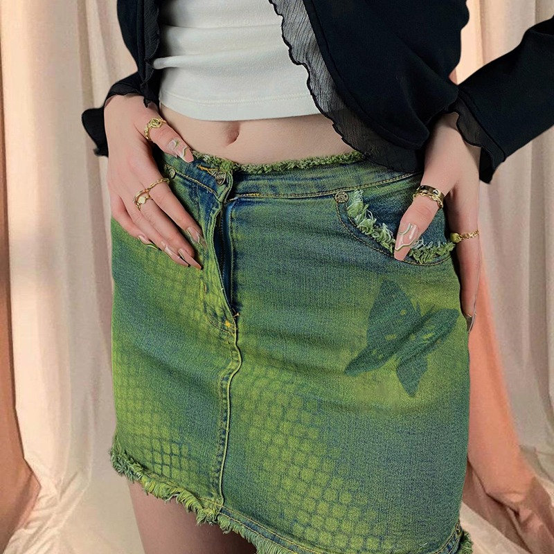 Y2K Green Butterfly Print Mini Denim Skirt Retro Style