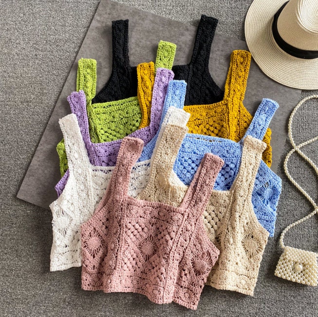Y2K Handmade Crochet Summer Tank Top - Embroidery, Sleeveless