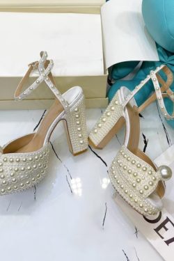 Y2K Handmade Pearl Plateau Heels | Block Bridal Shoes