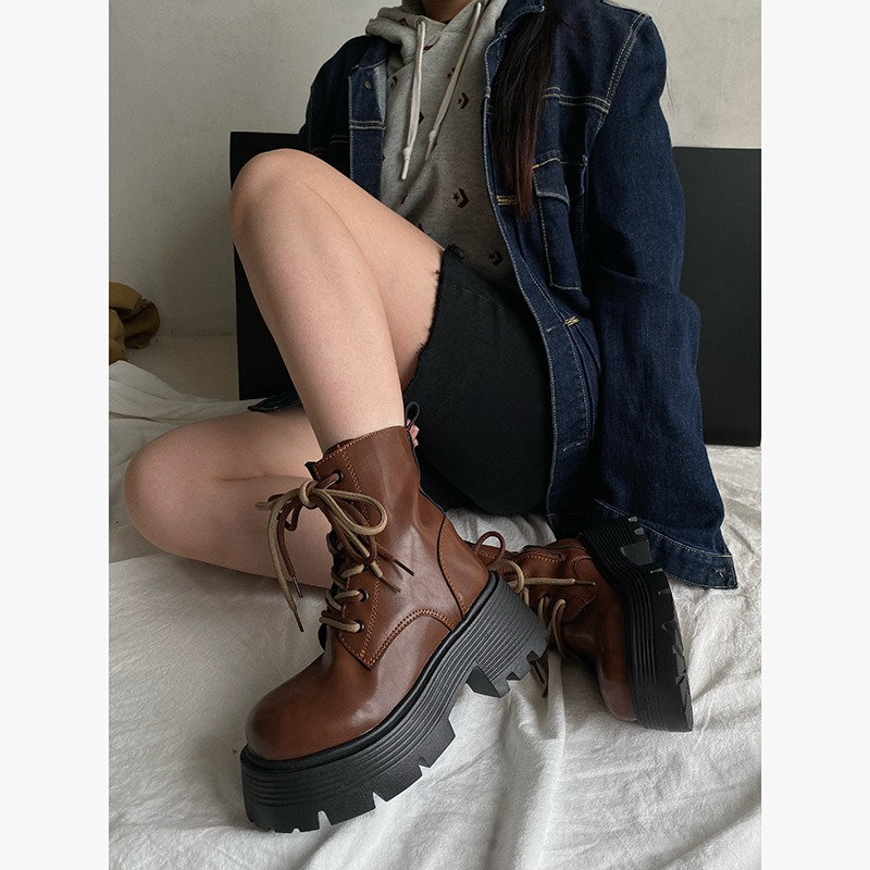 Y2K Handmade Women Leather Boots - Black & Brown Winter Booties