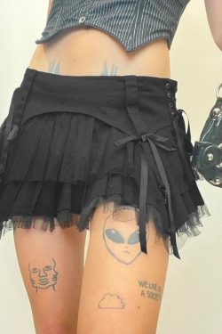 Y2K Harajuku Goth Lolita Skirt - Lace Mesh & Pleated Mini Skirt
