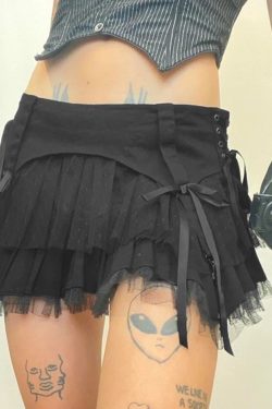 Y2K Harajuku Goth Lolita Skirt - Lace Mesh & Pleated Mini Skirt