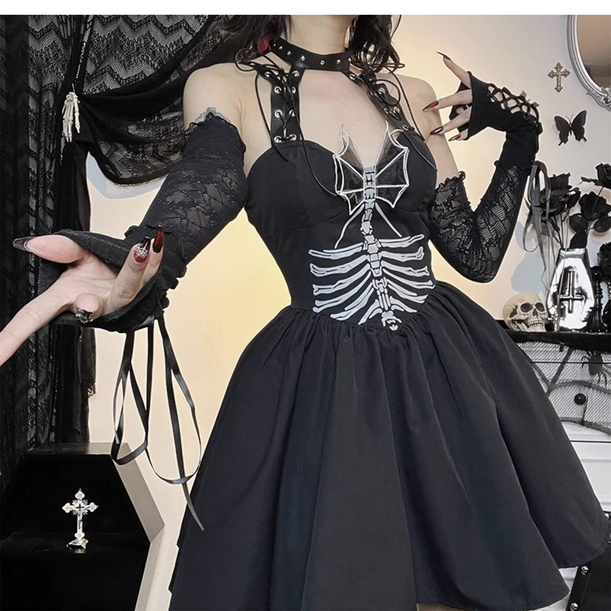 Y2K Harajuku Gothic Punk Leather Sling Dress for Prom
