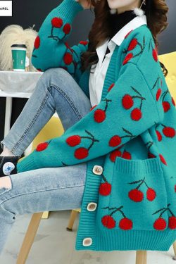Y2K Harajuku V Neck Berry Cherry Blue Knitted Cardigan