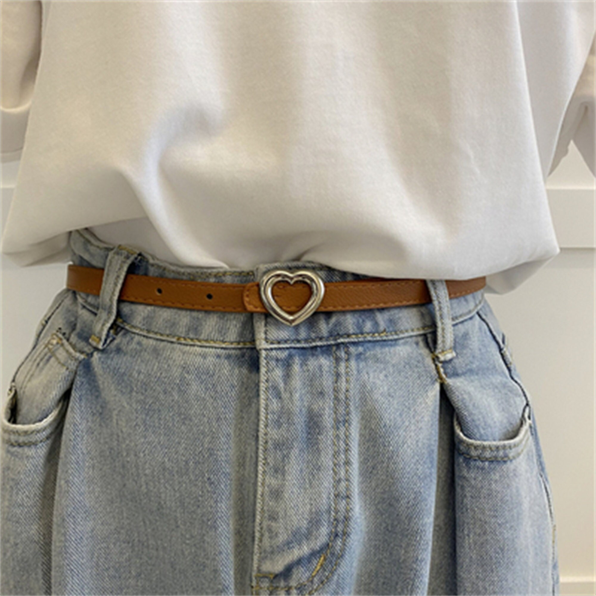 Y2K Heart Shaped Thin Leather Belt with Metal Buckle