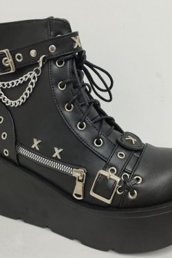 Y2K High Platform Black Gothic Lace-Up Ankle Boots