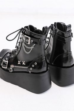 Y2K High Platform Black Gothic Lace-Up Ankle Boots
