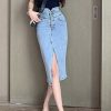 Y2K High Waist Denim Pencil Skirt - Elegant Blue Midi Jeans