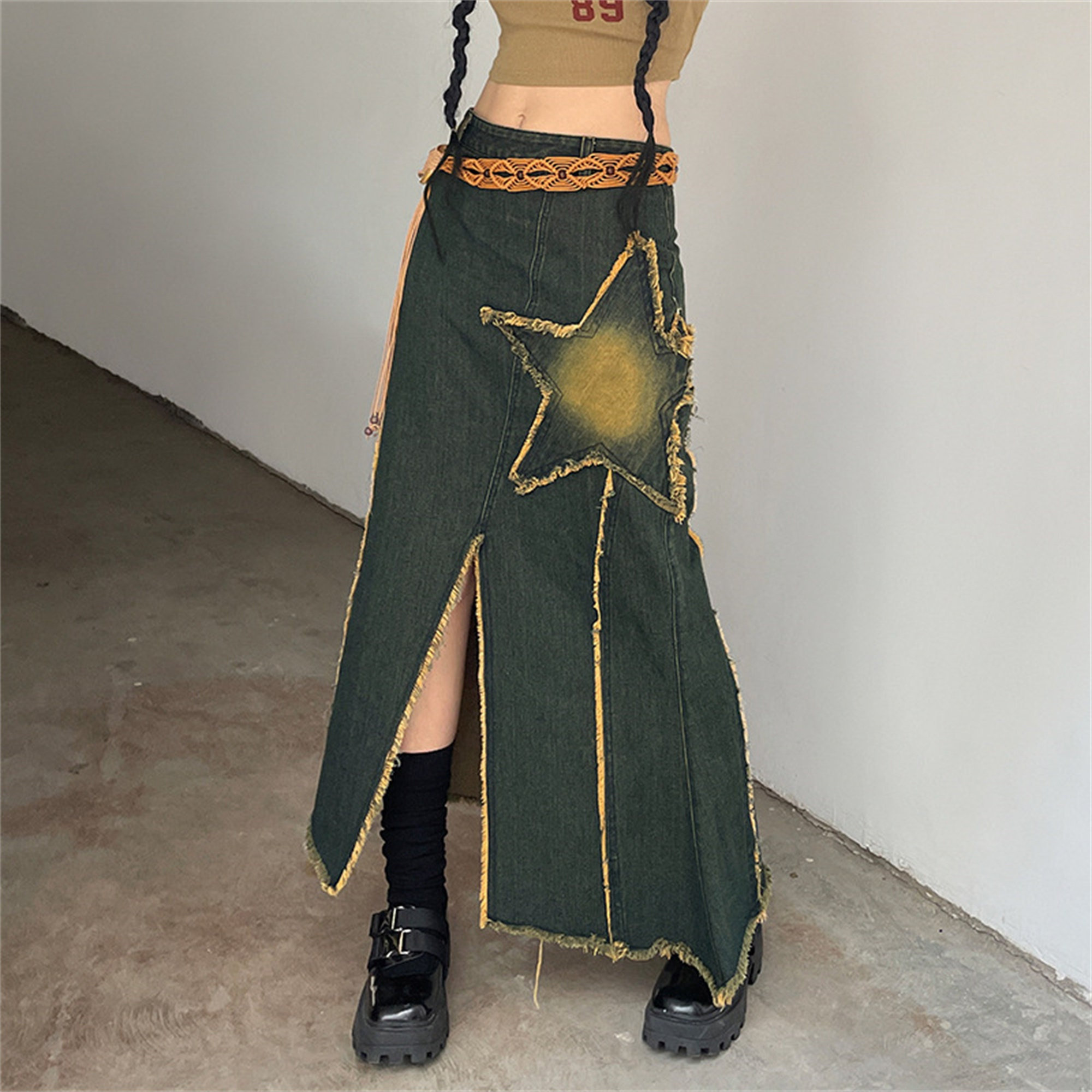 Y2K High Waist Denim Skirt with Raw Edge & Slit