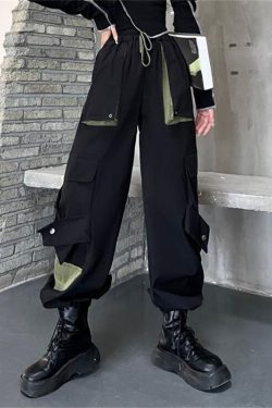 Y2K High Waist Straight Leg Cargo Pants - Black Green