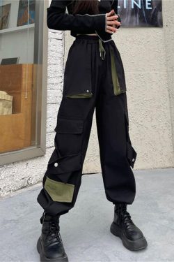 Y2K High Waist Straight Leg Cargo Pants - Black Green