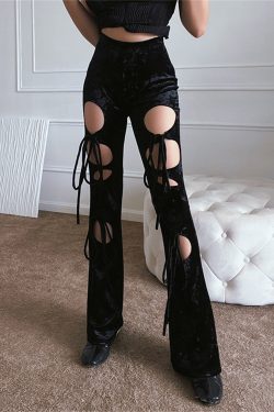 Y2K High Waist Velvet Lace-Up Flare Pants for Women