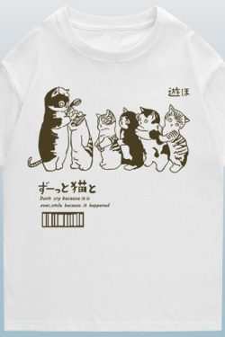 Y2K Japanese Kanji Harajuku Cat Print T-Shirt