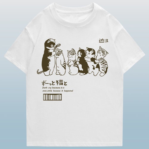 Y2K Japanese Kanji Harajuku Cat Print T-Shirt