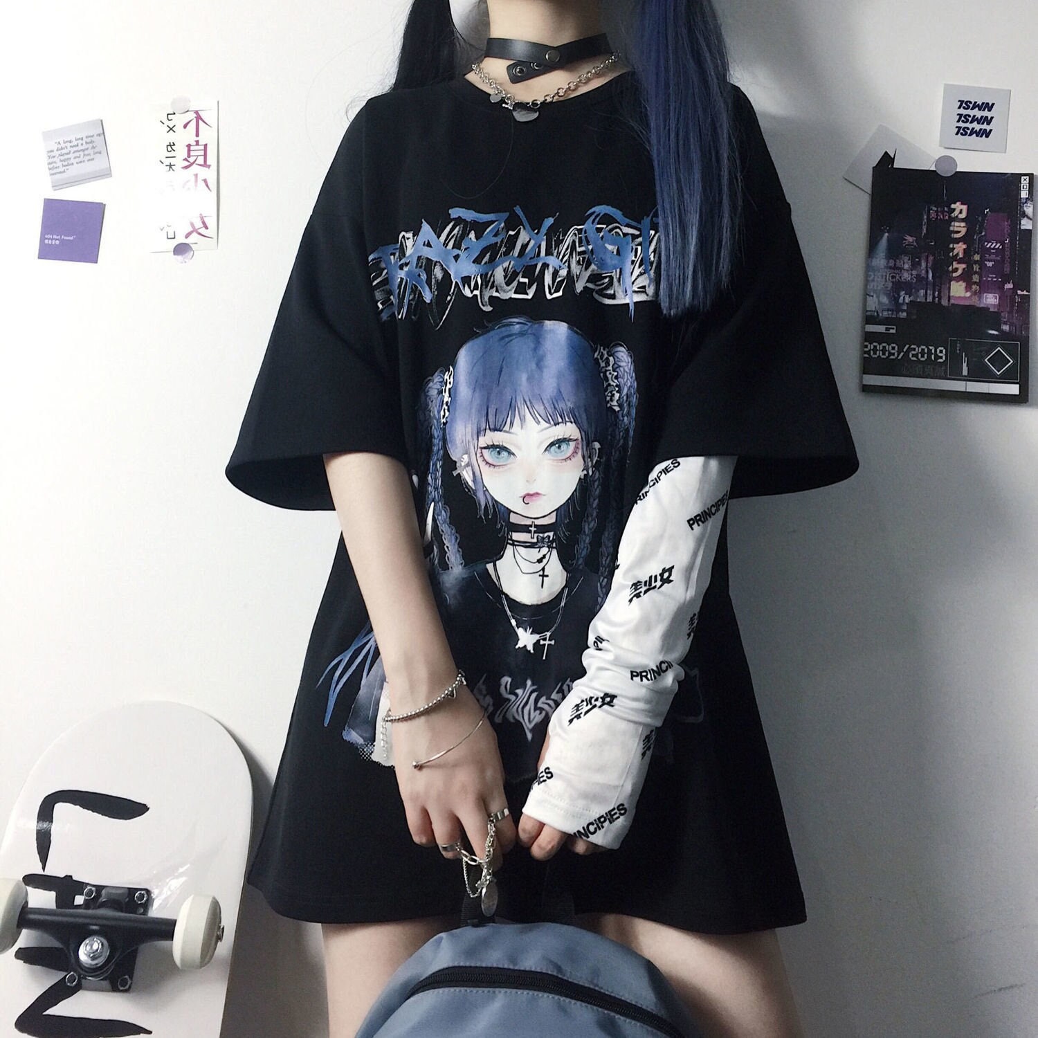 Y2K Kawai Gothic TeeShirt - Emo Anime Punk Grunge Egirl Cat