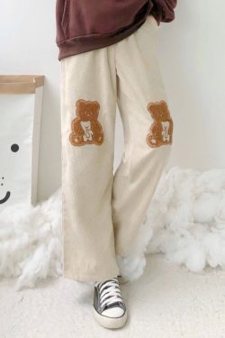 Y2K Kawaii Bear Embroidered Wide Leg Corduroy Pants