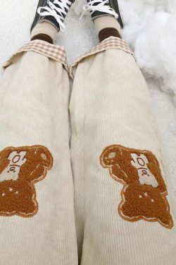 Y2K Kawaii Bear Embroidered Wide Leg Corduroy Pants