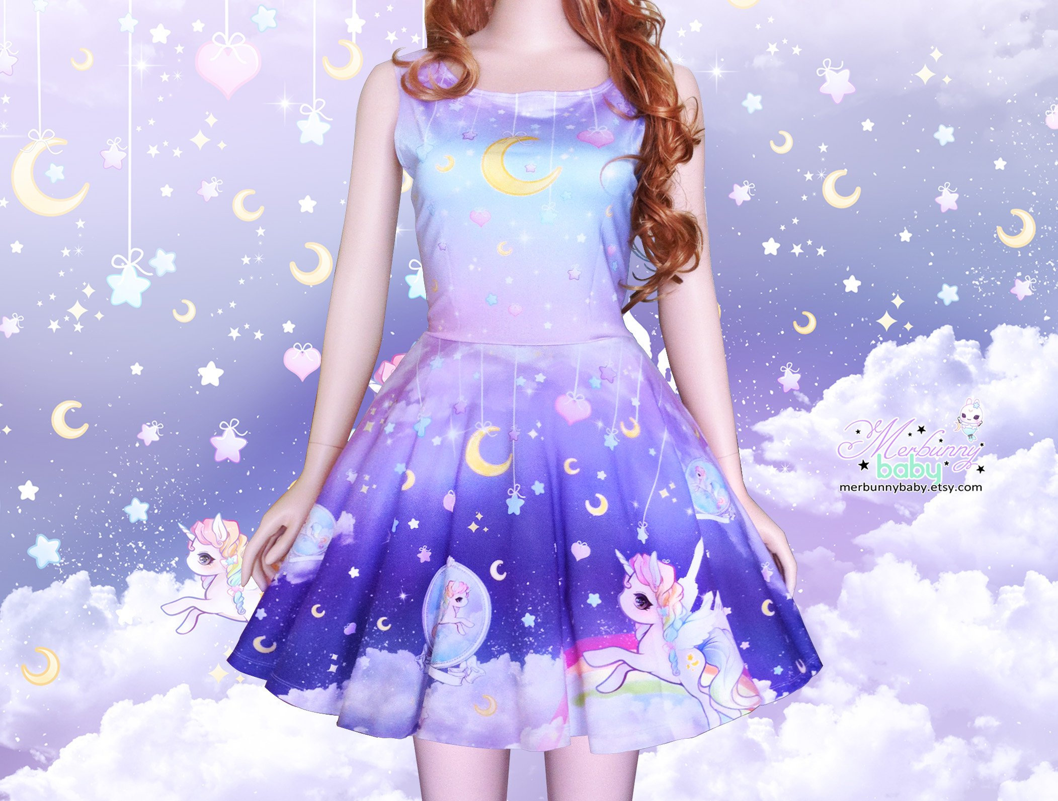 Y2K Kawaii Galx Unicorn Star Skater Dress - Fairy Kei Lolita Style