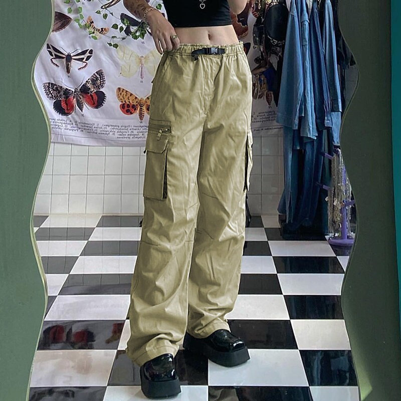 Y2K Khaki Cargo Pants | Elastic High Waist, Wide Leg, Zipper Pockets