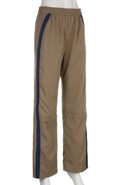 Y2K Khaki Side Stripe Sweatpants - Women's Low Waist Baggy Track Pants