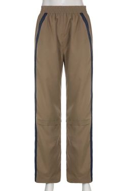 Y2K Khaki Side Stripe Sweatpants - Women's Low Waist Baggy Track Pants