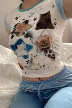 Y2K Kitten Graphic Baby Tee - Retro Fashion Top