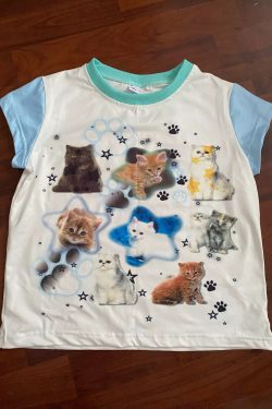 Y2K Kitten Graphic Baby Tee - Retro Fashion Top