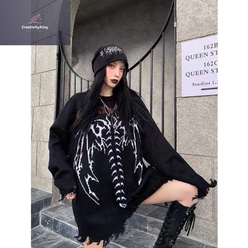 Y2K Knitted Skeleton Unisex Sweater | Gothic Streetwear Pullover