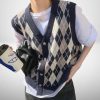 Y2K Knitted V-Neck Argyle Sweater Vest - Women's Casual Autumn Tops