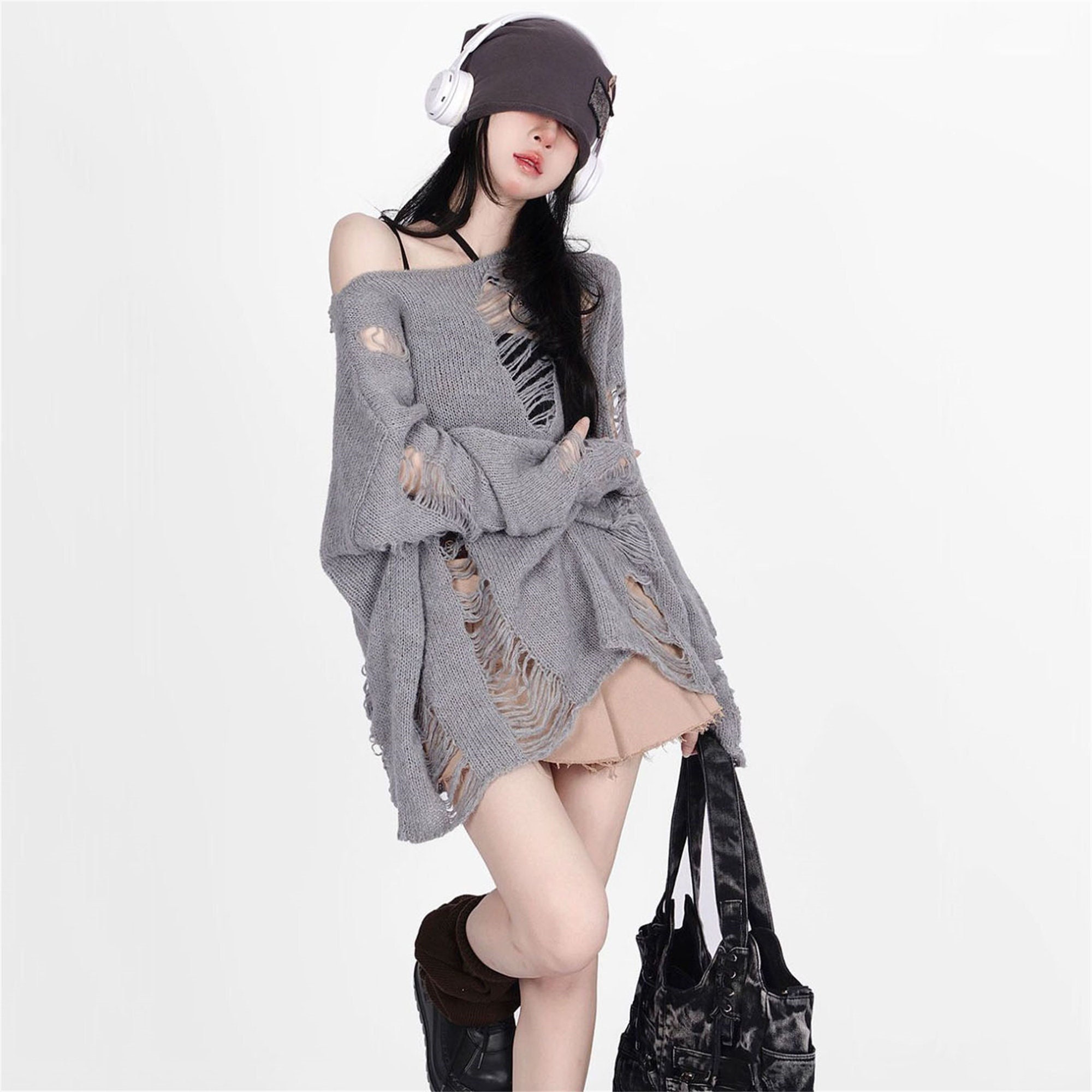 Y2K Korean Style Distressed Knit Blouse with Hollow Out