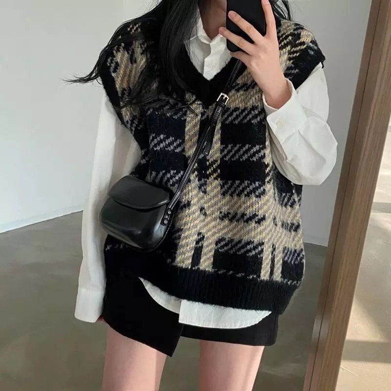 Y2K Korean Style Plaid Sweater Vest for Winter