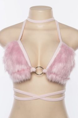 Y2K Lace-up Fluffy Fleece Halter Crop Top for Women