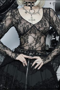 Y2K Lace Embossed Gothic Flare Sleeve Crop Top