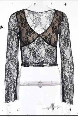 Y2K Lace Embossed Gothic Flare Sleeve Crop Top