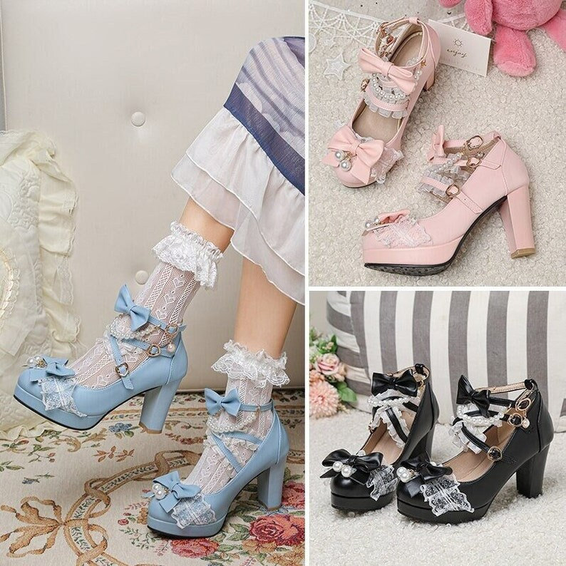 Y2K Lace Lolita Pearl Bow Chunky High Heeled Shoes