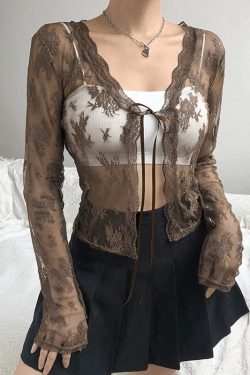 Y2K Lace Mesh Cardigan Lace Up Crop Top Transparent Front Tie Up Top