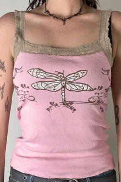 Y2K Lace Stitch Crop Top - Pink Animal Print Sleeveless Tank