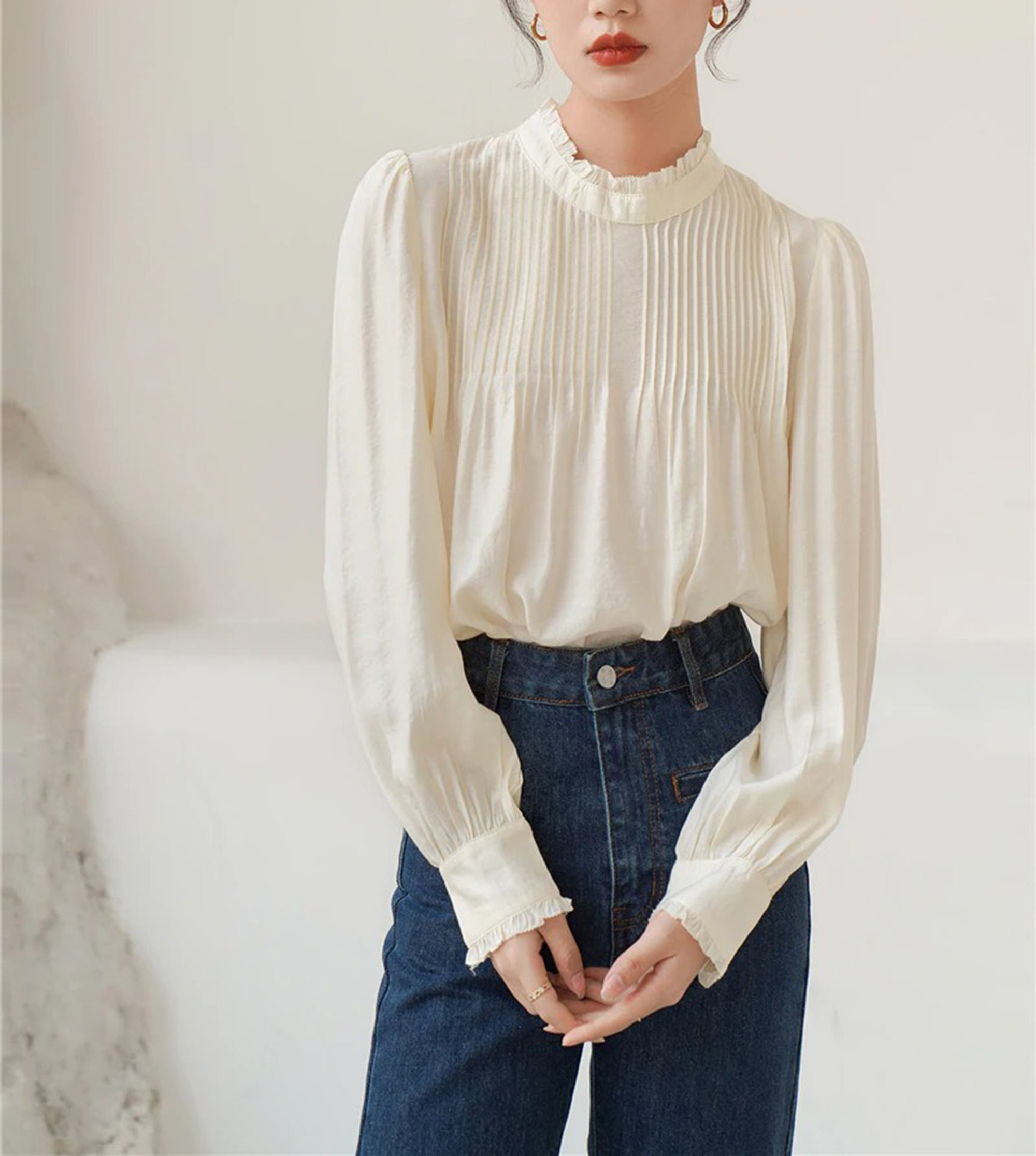 Y2K Lace Up Blouse with Ruffles and Pleated Chiffon