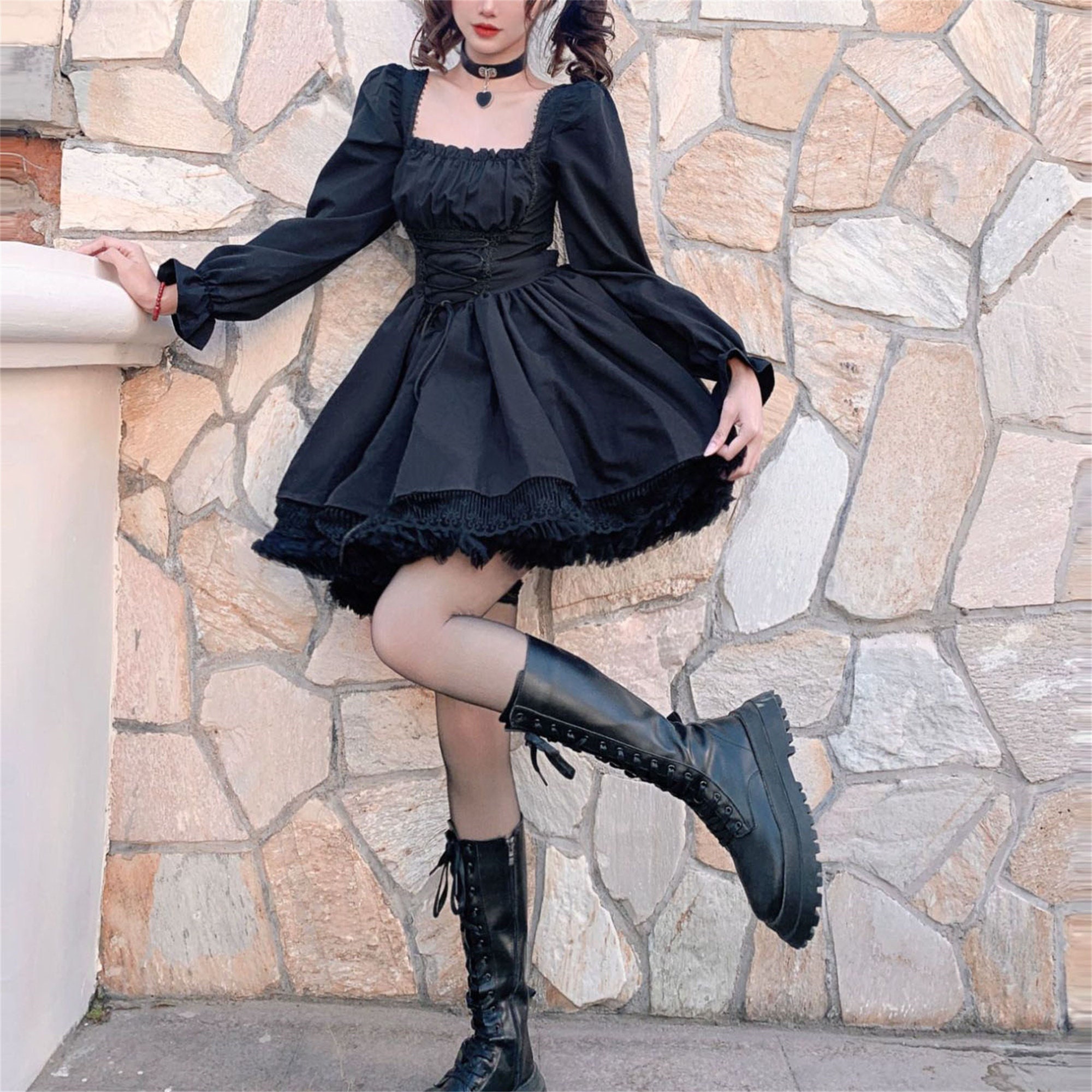 Y2K Lace Up Bubble Sleeved Princess Dress
