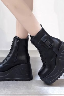 Y2K Lace Up Wedge Ankle Booties - Black Platform Boots