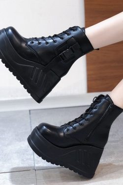 Y2K Lace Up Wedge Ankle Booties - Black Platform Boots