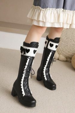 Y2K Lolita Princess Boots - Baby Pink & Purple Black & White Heels