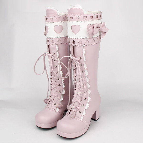 Y2K Lolita Princess Boots - Baby Pink & Purple Rounded Toe
