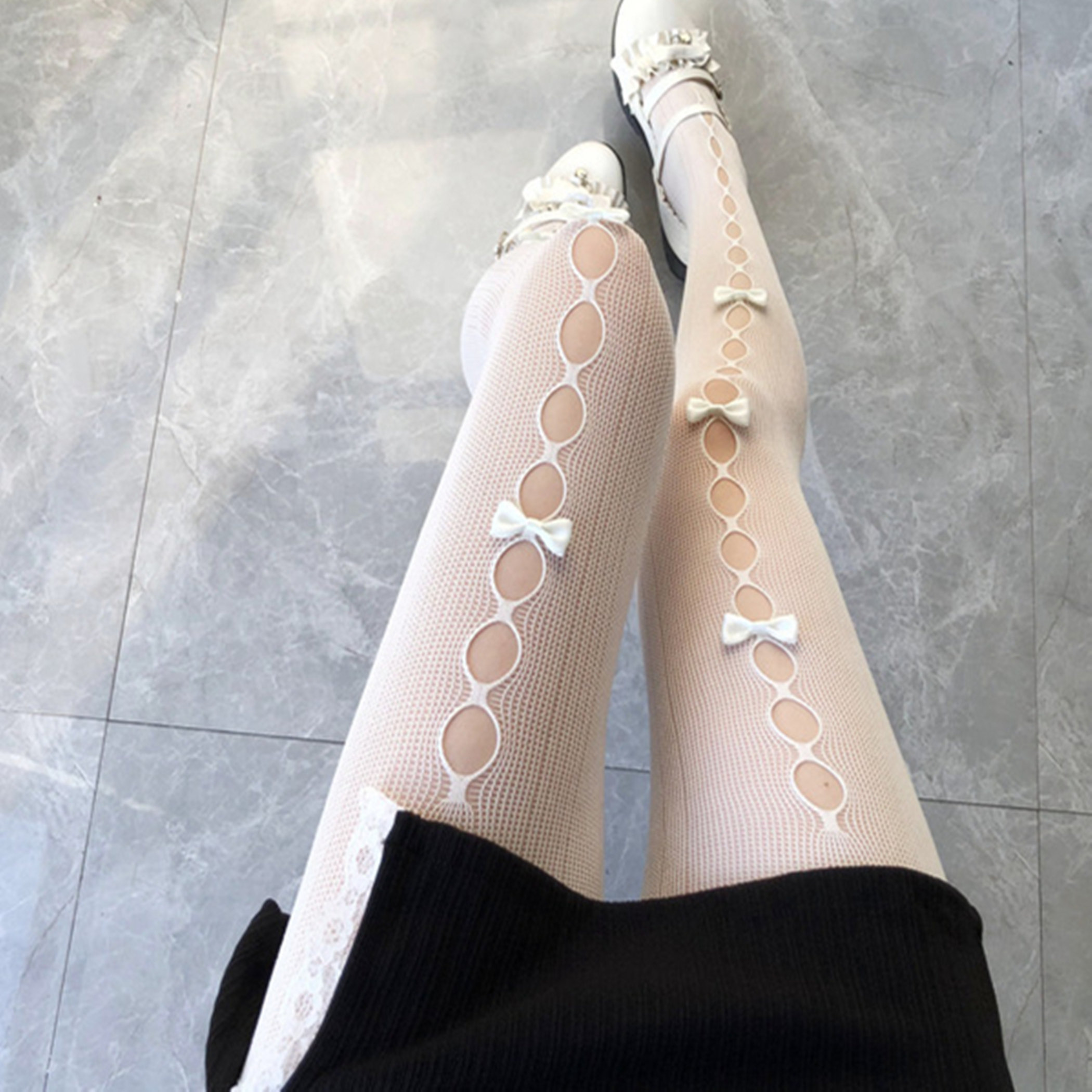 Y2K Lolita White Lace Bowknot Hollow Socks Cosplay Tight