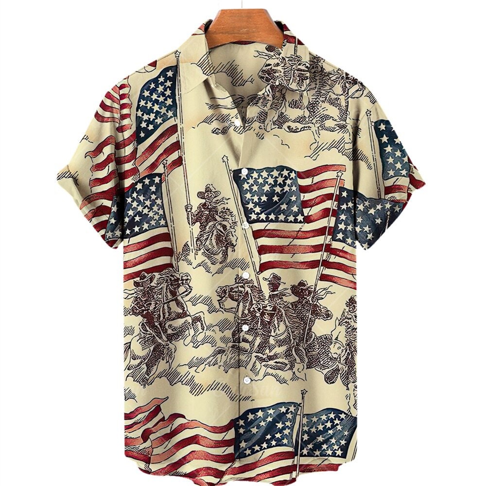 Y2K Men's 3D USA Flag Print Hawaiian Beach Shirt