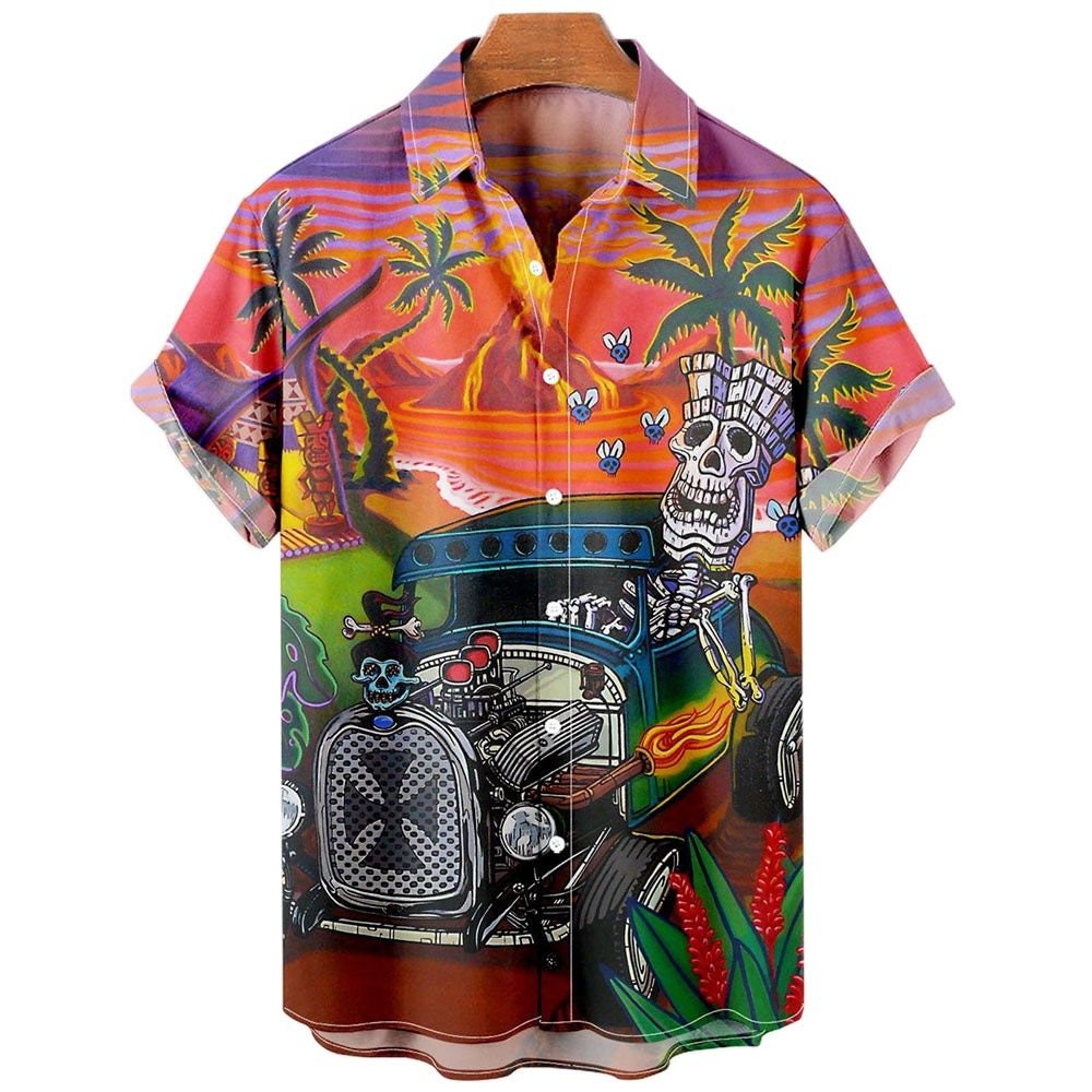 Y2K Men's Hawaiian Skull Print OverSize Beach Shirt