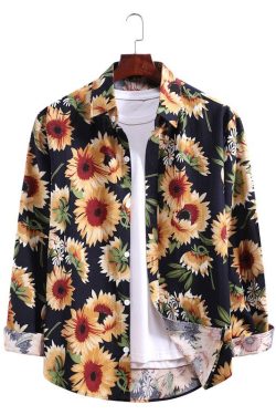 Y2K Men's Sunflower Print Hawaiian Beach Cardigan Shirt